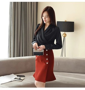 Kemeja Hitam Lengan Panjang Wanita Kerah V Atasan Blus Solid Wanita Kemeja Kantor Wanita - Product Image 6
