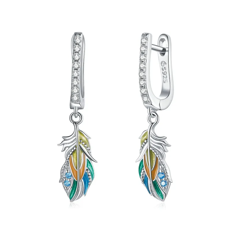 925 sterling silver women colorful feather earrings DIY handmade colored enamel zircon boho earrings for women