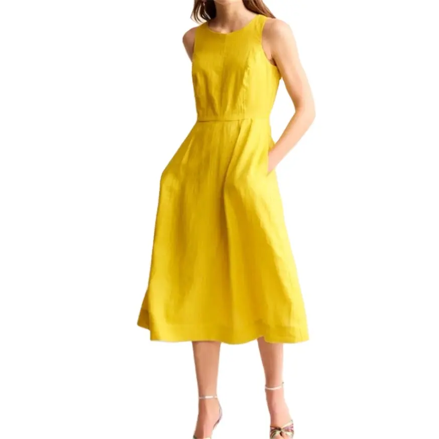 Thoáng khí bán buôn không tay nút buộc Midi Ladies Linen Dress mùa hè không tay Slit Maxi Dress