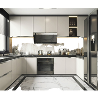 Meuble de cuisine modulaire moderne personnalisé avec éclairage LED, étagères en verre, finition mélaminée de haute qualité, tiroirs à glissières en MDF laqué/acrylique