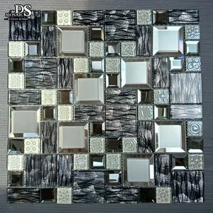 Dark Grey Color Glitter 3D Pattern Laminated Square Mirror Glass Electroplated Backsplash Wall Tile Glass Tiles Mosaic Art