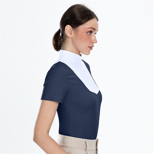 Vente en gros de chemises d'équitation pour femmes à manches courtes, dos en tissu maillé, deux couleurs, vêtements d'équitation avec boutons - Product Image 3
