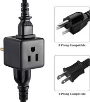 3 Prizli Siyah Duvar Tipi Priz Adaptörü, Topraklı ABD Fişi, 125V 15A, İç Mekan Kullanımı