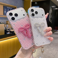 Coque de téléphone de luxe Preppy Bling Bling avec perles et strass, motif nœud, pour iPhone 18 17 Pro Max 16 15 14 13, avec dragonne en cristal, protection intégrale
