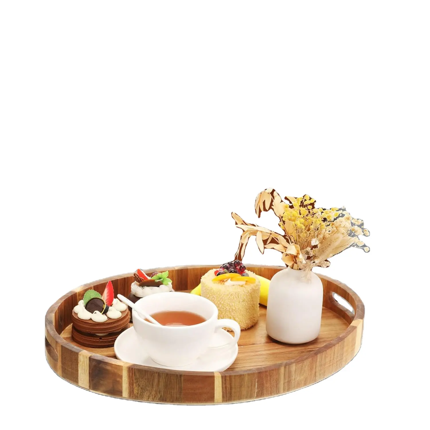 ハンドル付き3ピース木製装飾トレイフードディスプレイトレイコーヒーベッドリビングルームキッチンテーブル