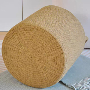 Hand Woven Cotton Laundry <b>Basket</b> Round With Handles Storage <b>Basket</b> For Clothing Organizer Khaki White - Product Image 2