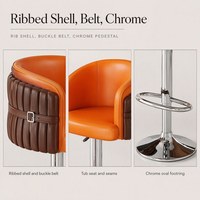 Tabouret de bar pivotant moderne en cuir PU orange, dossier enveloppant plissé marron, hauteur réglable, base chromée, chaise de comptoir