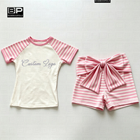 Ensemble pyjama 2 pièces pour femme, rose à rayures, avec logo personnalisé en strass, short à nœud au dos, vêtements de détente, vêtements de nuit, manches raglan