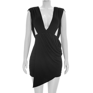 Viviblook D26DS053 Robes pour femmes printemps-été, nouvelle robe élégante et sexy à col en V profond, sans manches, plissée, mini robe de soirée - Product Image 1