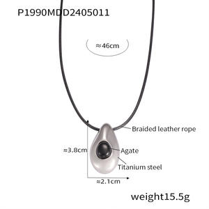 Kalung tali kulit ukir kustom dengan liontin Droplet batu akik perhiasan Boho baja tahan karat dapat diatur untuk wanita - Product Image 3