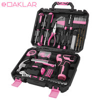Boîte à outils rose de 153 pièces avec tournevis sans fil 8V, jeu de forets sans fil USB, ensemble d'outils complet dans une boîte à outils portable pour femmes