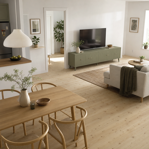 Consola de <span class=keywords><strong>TV</strong></span> Nórdica Color Verde Salvia, 4 Puertas Abatibles, Patas de Roble Macizo, Tirador en J, Venta al por Mayor OEM - Product Image 3