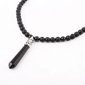 Kualitas Tinggi Penyembuhan Titik Pendant 8Mm Hitam Onyx Bead Pria Perhiasan Kalung