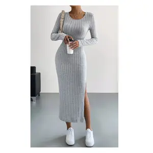 W3731 Women Sexy Knitted Dress Round Neck Maxi Long Dresses Side Split Full Sleeve Stretch Basic Bodycon Dresses Solid Sweater