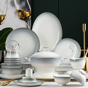 Service de table en céramique dorée Europe, vaisselle de luxe en porcelaine fine, bols à soupe et assiettes grises - Product Image 1