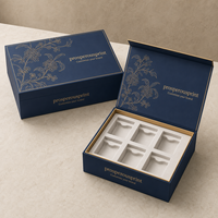 Boîte cadeau rigide magnétique bleu marine personnalisée, 6 compartiments, insert personnalisé, logo à motif floral en feuille d'or