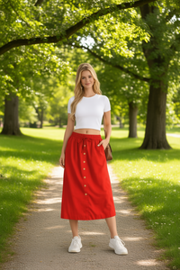 Gonna midi da donna LQC115 con elastico in vita, tinta unita, bottoni frontali, stile casual. - Product Image 2