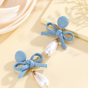 <span class=keywords><strong>Orecchini</strong></span> Vintage con Fiocco in Denim e <span class=keywords><strong>Perle</strong></span> Finte, Stile Europeo e Americano, Gioielli Artigianali Blu per Donna - Product Image 4