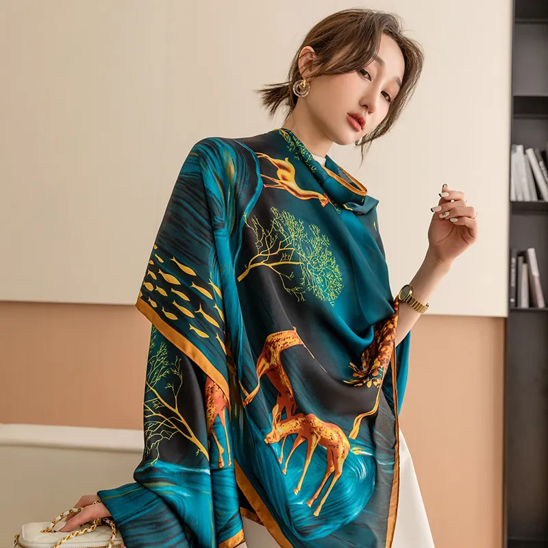 Large Deer Printed Polyester Shawl Silk Feeling Long Scarf for Ladies for Summer Adult Department