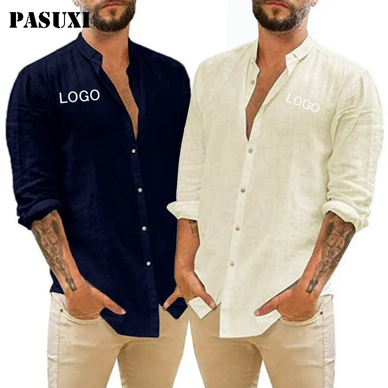 PASUXI toptan OEM bahar erkek özel keten gömlek erkekler için beyaz kısa kollu gevşek rahat artı boyutu erkek gömlek