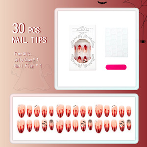 30 Pezzi <span class=keywords><strong>Unghie</strong></span> Finte Adesive di Halloween, Base Nude a Mandorla, Rosso Vino con Gocce di Sangue, Stampa Pipistrello Teschio Ragnatela, Copertura Completa, Riutilizzabili - Product Image 2