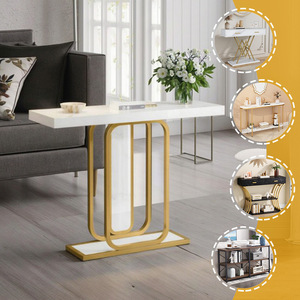 Modern design white marble and <b>gold</b> narrow <b>console</b> <b>table</b>; luxurious <b>gold</b> sofa <b>table</b> with topped wood and metal. - Product Image 1