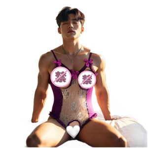 Combinaison sexy à entrejambe ouvert pour hommes grandes tailles, pyjama érotique transparent en dentelle violette, uniforme de serveur masculin pour travestissement - Product Image 5
