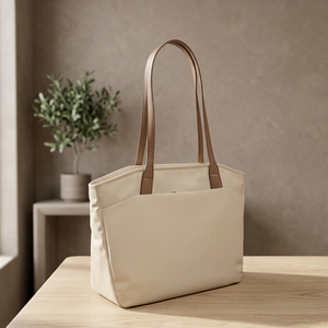 Minimalist Beige <b>Canvas</b> <b>Tote</b> Bag With Brown Leather Handles Open Top Daily Use Women's Shoulder Bag - Product Image 4
