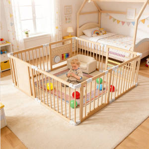Parque de juegos plegable de madera para bebés, corralito ajustable para interiores, área de juegos con puerta para bebés y niños pequeños - Product Image 4