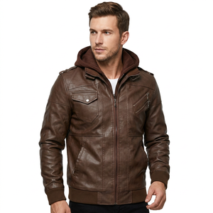Factory Wholesale Fashion Men Racer Motorcycle PU Leather Plus Size Hooded Jacket Breathable <b>Zipper</b> Stand Autumn Brown Black - Product Image 2