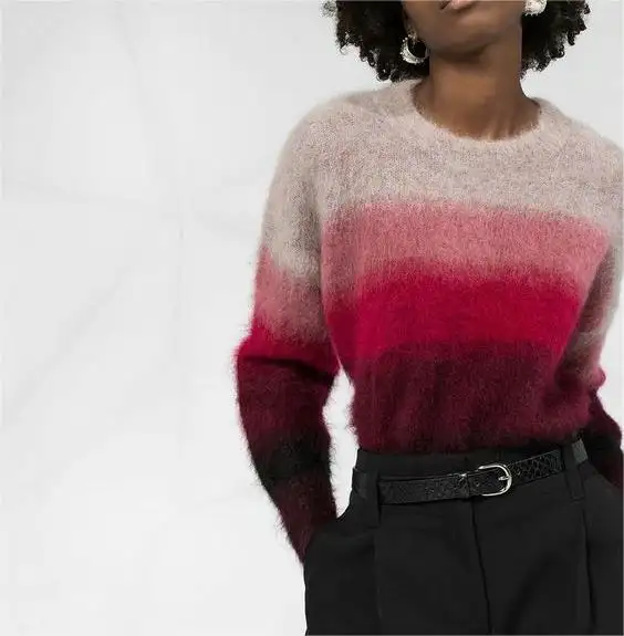 2024 निर्माता कस्टम निट पुलओवर लेडी फजी क्रूनेक स्ट्राइप मोहायर स्वेटर महिलाओं के लिए निटवेअर