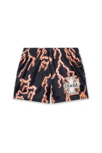 Pantalones cortos deportivos de estilo vintage con estampados de llamas, rayos y placas de diamante - Product Image 5