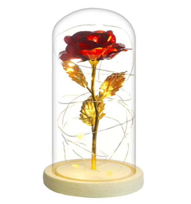 Newish gold aluminum foil shining artificial roses flower valentine wood base night light led for table decoration