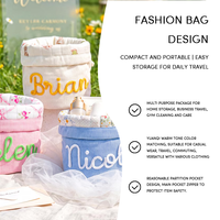 Sac cosmétique en velours côtelé avec broderie personnalisée, grande capacité, sac de voyage cylindrique pour le rangement du maquillage pour femmes, en gros