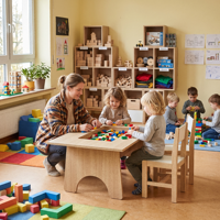 Table en bois d'intérieur EMA pour le jeu à la maison avec des coins arrondis sécurisés, ensemble chaise et table pour une utilisation scolaire