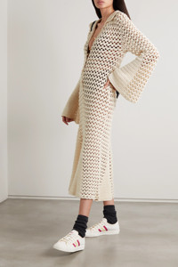 2023 été creux Crochet col en v à <span class=keywords><strong>manches</strong></span> longues <span class=keywords><strong>manches</strong></span> <span class=keywords><strong>évasées</strong></span> pur coton jupe plissée tricoté robe <span class=keywords><strong>pull</strong></span> - Product Image 3