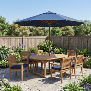 Teak Garden 6 Seater Dining Furniture Set Blue Umbrella <b>Outdoor</b> Modern <b>Foldable</b> Weather Resistant Wooden <b>Table</b> Chairs - Product Image 4