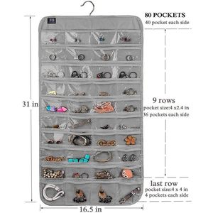 Hanging Jewelry Organizer 80 Pocket Grey Rectangular for Earring Ring Storage Women Girls Modern Non Woven Fabric - Product Image 2