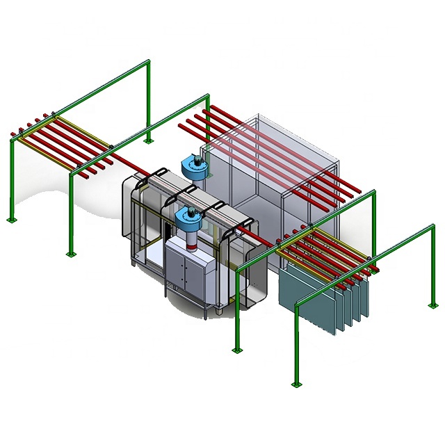 Diseño compacto de línea de recubrimiento de polvo electrostático con sistema transportador transversal