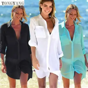 TONGYANG Women Clothing Beach Wear Swim Suit Long Shirt See Through White Beach Dress Bikini Cover up ladies' blouses Cardigan