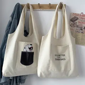 Custom Black And White Canvas Cotton Tote Bag With Pocket Style Women Handbags