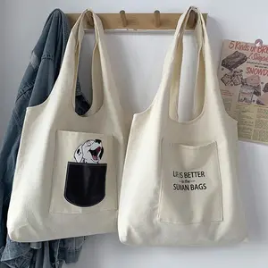 Tas tote katun kanvas hitam dan putih kustom dengan tas tangan wanita gaya saku