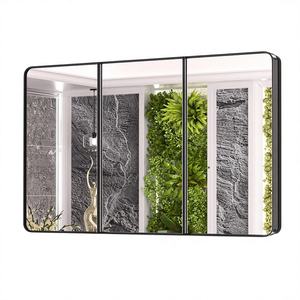 Armoire de salle de bain d'hôtel moderne à trois portes avec éclairage LED, cadre en métal noir, fixation murale, anti-buée, rangement spacieux - Product Image 1