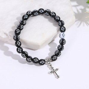 Hot selling Couple black white cross shaped beaded <b>bracelet</b> cross pendant prayer <b>beads</b> <b>bracelet</b> - Product Image 2