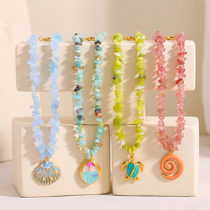 Collier en pierres naturelles style bohème, plaqué or 18 carats, en acier inoxydable, avec pendentif soleil océanique perlé, personnalisable, idéal pour cadeau (vente en gros) - Product Image 3
