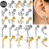 Anting-anting stud titanium padat G23, zircon bintang hati bunga, anting gantung, perhiasan tindik tulang rawan 8mm unisex anti-korosi