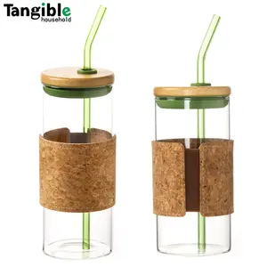 500ml Straw Glass Dinking Water Bottle Tumbler With Silicone Sleeve Glass Tumbler cup With Bamboo Lid Cork Cup covers