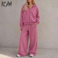 Ensemble deux pièces pour femme, sweat à capuche et pantalon de jogging en tissu éponge, coupe ample, couleur unie, fermeture éclair, qualité supérieure, OEM ODM, automne