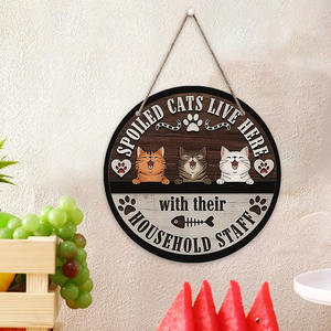Plaque de porte en bois avec logo de chat amusant, slogan créatif rond, panneau de bienvenue pour animaux de compagnie, décoration murale suspendue - Product Image 2