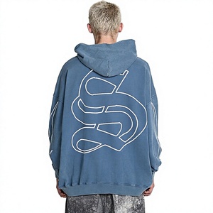 Sweat à capuche brodé Saint Tears pour homme, coupe oversize, streetwear, coton French Terry, bleu, logo au dos, poche, coupe classique, automne - Product Image 4